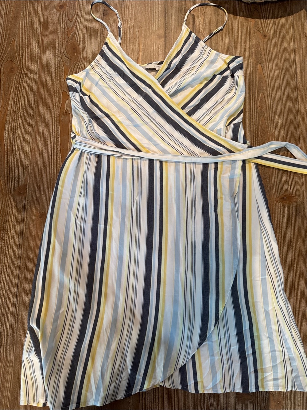 LOFT Striped Wrap Mini Dress in Navy, Yellow & White